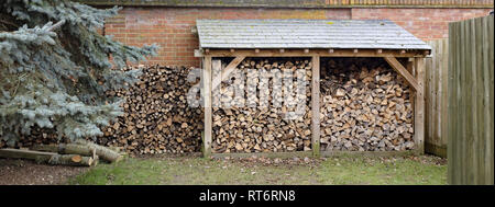 Log speichern und Woodpile von cut Brennholz Lagerung im Freien Stockfoto