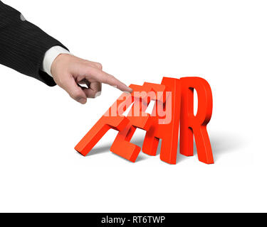 Geschäftsmann Finger drücken Domino der roten Angst Wort fallen, isoliert auf Weiss. Stockfoto