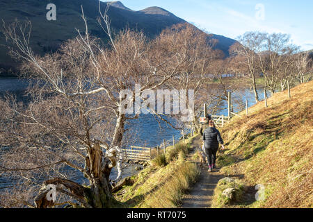 Lake Buttermere und Wanderer Wanderer an einem Wintertag, Nationalpark Lake District, Cumbria in England Stockfoto