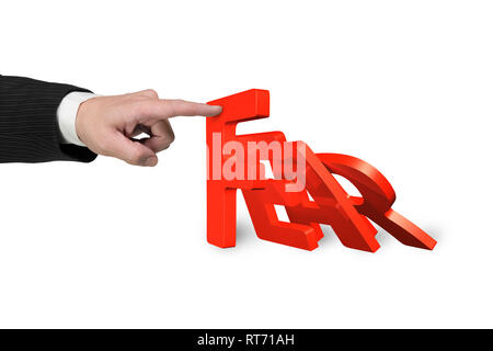 Menschliche Hand anhalten Domino der roten Angst Wort fallen, isoliert auf Weiss. Domino Effekt und Problemlösung von Konzepten. Stockfoto