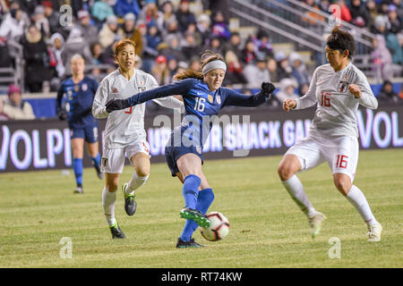 Chester, Pennsylvania, USA. 27 Feb, 2019. ROSE LEVELLE, (16) der USA Frauen Team in Aktion gegen Japans ARISA MATSUBARA (16) Während des Spiels an Talen Energie Stadion in Chester, Pennsylvania Credit: Ricky Fitchett/ZUMA Draht/Alamy leben Nachrichten Stockfoto