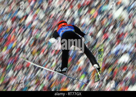 Seefeld, Österreich. 28 Feb, 2019. Langlauf, Weltmeisterschaft, Nordische Kombination, individuelle, Normal Hill. Terence Weber aus Deutschland springt von der Hügel. Credit: Hendrik Schmidt/dpa-Zentralbild/ZB/dpa/Alamy leben Nachrichten Stockfoto