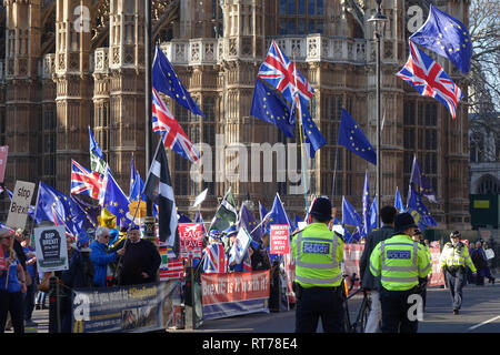 London, Großbritannien. 27 Feb, 2019. Anti-Brexit Aktivist gegenüber Palast von Westminster in London demonstrieren. Quelle: Thomas Krych/Alamy leben Nachrichten Stockfoto