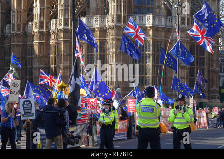 London, Großbritannien. 27 Feb, 2019. Anti-Brexit Aktivist gegenüber Palast von Westminster in London demonstrieren. Quelle: Thomas Krych/Alamy leben Nachrichten Stockfoto