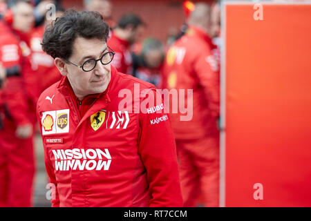 Montmelo, Barcelona, Spanien. 28.Februar 2019. Mattia Binotto, Chef der Scuderia Ferrrari, gesehen im Winter Testtagen auf dem Circuit de Catalunya in Montmelo (Katalonien). Credit: SOPA Images Limited/Alamy leben Nachrichten Stockfoto