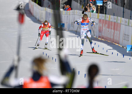 Seefeld, Österreich. 28. Februar, 2019. Beenden Stina Nilsson (SWE) vor Therese Johaug (NOR), Aktion, Endspurt. Cross country Damen 4 x 5 km Staffel Classic/Kostenlos, Langlauf Frauen Relais Classic/Freestyle FIS Nordische Ski-WM 2019 in Seefeld/Österreich vom 19.02.-03.03.2019. | Verwendung der weltweiten Kredit: dpa Picture alliance/Alamy leben Nachrichten Stockfoto