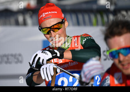 Seefeld, Österreich. 28. Februar, 2019. Eric Frenzel (GER) im Ziel, Aktion, single Bild, Single Cut Motiv, Porträt, Porträt, Porträt. Nordische Kombination normal Hill, einzelne Konkurrenz 10 km Nordische Kombination NH einzelnen Gundersen 10 km. Nordische Ski-WM 2019 in Seefeld/Österreich vom 19.02.-03.03.2019. | Verwendung der weltweiten Kredit: dpa Picture alliance/Alamy leben Nachrichten Stockfoto
