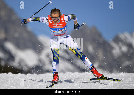 Seefeld, Österreich. 28. Februar, 2019. Stina Nilsson (SWE), Aktion, Single Action, Rahmen, Ausschneiden, vollen Körper, ganze Figur. Cross country Damen 4 x 5 km Staffel Classic/Kostenlos, Langlauf Frauen Relais Classic/Freestyle FIS Nordische Ski-WM 2019 in Seefeld/Österreich vom 19.02.-03.03.2019. | Verwendung der weltweiten Kredit: dpa Picture alliance/Alamy leben Nachrichten Stockfoto