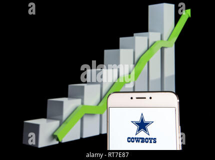 Hong Kong. 11 Feb, 2019. Die professionelle American Football Team der Dallas Cowboys Logo auf einem Android mobile Gerät mit einem Aufstieg Wachstumsdiagramm im Hintergrund zu sehen ist. Credit: Miguel Candela/SOPA Images/ZUMA Draht/Alamy leben Nachrichten Stockfoto