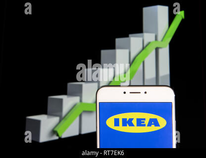 Hong Kong. 10 Feb, 2019. Schwedischen multinationalen Möbelhaus Ikea Logo ist auf ein Android mobile Gerät mit einem Aufstieg Wachstumsdiagramm im Hintergrund zu sehen. Credit: Miguel Candela/SOPA Images/ZUMA Draht/Alamy leben Nachrichten Stockfoto