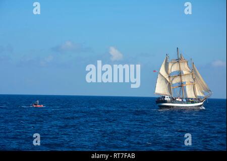 Key West, Florida, USA. 28. Februar, 2019. Ein U.S. Coast Guard Defender 33-Fuß-Klasse Boot Besatzung von der USCG Cutter Charles David versandt Ansätze das Segel Tall Ship Rohrdommel in London, nachdem das Schiff Leiden einen Motorschaden 49 Meilen nordöstlich von Kuba Februar 28, 2019 in der Nähe von Key West, Florida. Der 149 Meter hohe Segel Schiff mit 42 Passagieren an Bord war ohne Zwischenfall bis Hafen geschleppt für Reparaturen. Credit: Planetpix/Alamy leben Nachrichten Stockfoto