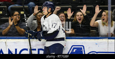 Ventilator reagieren nach Jacksonville Eisgruben steigt vorwärts Everett Clark (17), nachdem er Kerben in der zweiten Periode von ein echl Professional Hockey Spiel am Veterans Memorial Arena in Jacksonville, Fla., Mittwoch, Februar 27, 2019. (Gary Lloyd McCullough/Cal Sport Media) Stockfoto