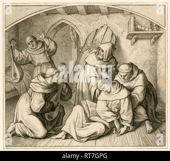 Martin Luther ist bewusstlos in seinem Kloster Zelle, zusammen mit anderen Mönchen spielen Laute. Abbildung aus: 'Dr. Martin Luther deutscher Reformator", von Gustav König, von Rudolf Besser, Gotha, 1850 th illustriert., Additional-Rights - Clearance-Info - Not-Available Stockfoto