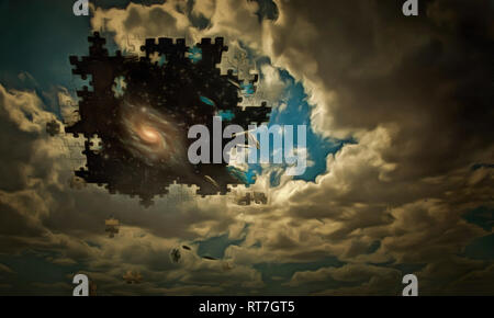 Surreale digitaler Kunst Wolken fallen auseinander auf einem Stück des Puzzles. Galaxy in starry Raum. Stockfoto