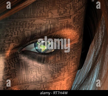 Erde tech Auge. Droid Frau Gesicht. 3D-Rendering Stockfoto