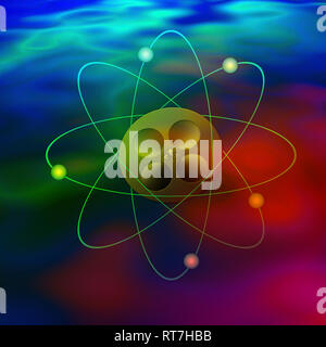 Atom und Film auf farbigen Hintergrund Stockfoto