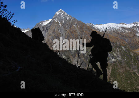 Silhouette der Jäger in South Westland der südlichen Alpen, Neuseeland Stockfoto