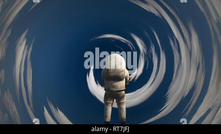 Surreale Szene. Astronaut im Tunnel der Wolken. 3D-Rendering Stockfoto