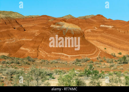 Geschichtete roten Lehm, Hügeln und grünen saxaul Bäume, Berge, Aktau Altyn Emel Nationalpark, Kasachstan Stockfoto