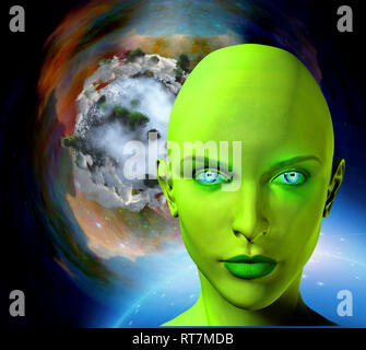 Angesichts der weiblichen Aliens. Buntes Universum und abstrakte Exoplaneten auf einem Hintergrund. Stockfoto