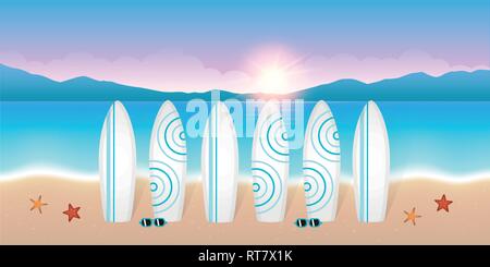 Surfbretter für den Surfkurs am Strand bei Sonnenaufgang mit Sonnenbrille und Seesterne Vektor-illustration EPS 10. Stock Vektor