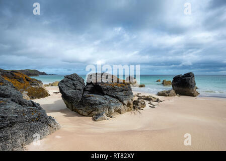 Vereinigtes Königreich, Schottland, Sutherland, Durness, Sango Sands, felsige Küste Stockfoto