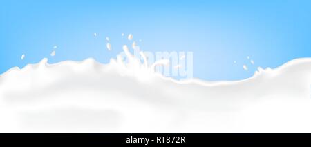 Flow Kuhmilch Krone splash closeup blauen Hintergrund Vector Illustration Stock Vektor