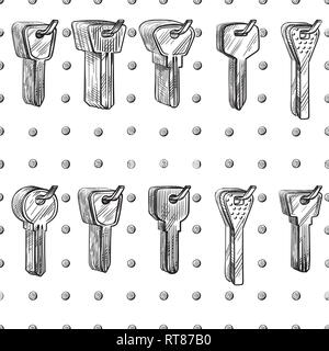 Skizze hand nahtlose Textur Schlüsselrohlinge auf Anzeige in der Schlosserei Vector Illustration gezeichnet Stock Vektor