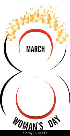8. März Happy womans day Schriftzug mit Schmetterlingen Grußkarte. Stock Vektor