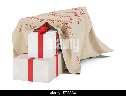 Weihnachten Sack mit Geschenken. Santa Claus Beutel. Für das neue Jahr. Auf weissem Hintergrund. 3D-Rendering. Stockfoto