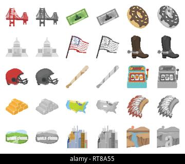 USA Land cartoon monochrom-Symbole im Set Sammlung für Design. Reisen und Sehenswürdigkeiten vektor Symbol lieferbar Abbildung. Stock Vektor