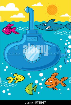 In Vector Illustration, ein Cartoon u-Boot geht in die Tiefen des Meeres und der Fisch schwimmt in der Nähe. Stock Vektor