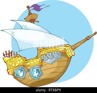 Die Abbildung zeigt Boot's Old woooden Pirat. Holz- Schiff haben ein Mast und drei Kanonen auf der Platine. Die Abbildung im Comic-stil. Stock Vektor