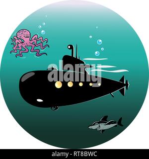 In der Vector Illustration einen großen Cartoon u-Boot in die Tiefe des Meeres, in der Nähe vom Shark und Tintenfisch Stock Vektor