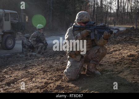 Ein fallschirmjäger aus dem 1 Battalion, 508Th Parachute Infantry Regiment, 3. Brigade Combat Team, 82nd Airborne Division zieht die Sicherheit während einer Live-fire Übung 14.01.25 Im Camp Atterbury, Indiana. Der platoon-live-fire Übung getestet Fähigkeit die Fallschirmjäger "komplexe Operationen im schwierigen Gelände und kalte Temperaturen gegen eine simulierte in der Nähe von-peer Feind zu führen. Stockfoto