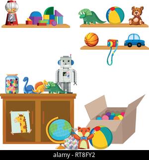 Szene von Spielzeug auf Regale und Schrank Abbildung Stock Vektor