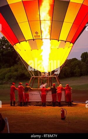 Pilot aufblasen Ballon in der Morgendämmerung, Governors Camp, Masai Mara, Kenia Stockfoto