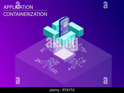 Software und Anwendung die Containerisierung Konzept. 3d-isometrische Vector Illustration mit schwebenden smart phone und Container als Symbol für modulare Web Stock Vektor