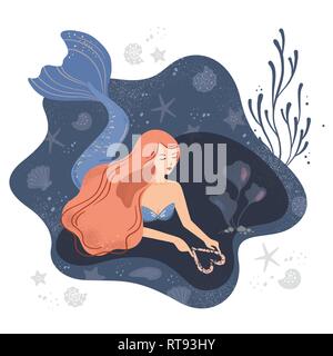 Vector Illustration einer Meerjungfrau in Liebe auf dem Meeresboden mit langen Haaren. Stock Vektor