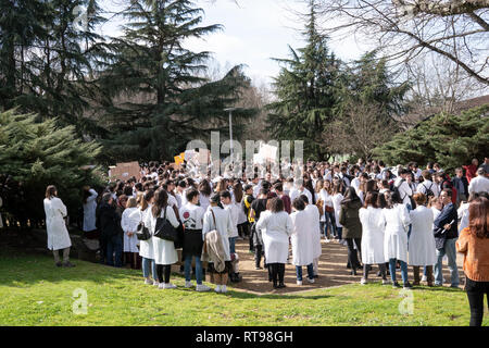 Santiago de Compostela, Spanien. 28. Februar 2019: Apotheke Studentendemonstration Stockfoto