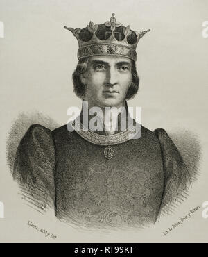 Peter IV. von Aragon (1319-1387), "Die Feierliche'. König von Aragon, Valencia, Mallorca und Graf von Barcelona. Zeichnung von Llanta (Fl. 1866-1872). Die Lithographie. Crónica de España, Historia y Ilustrada Descriptiva de Sus Provincias. Katalonien, 1866. Stockfoto