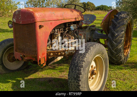 Eine Nahaufnahme eines Rost rot Traktor im Garten sitzen, mit flachen Reifen und den Motor, aus dem klar hervorgeht, Stockfoto