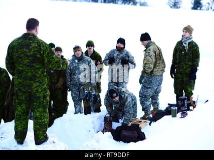 Oklahoma Army National Guard Soldaten mit 2 Bataillon, 162 Infanterie Regiment, 41st Infantry Brigade Combat Team und Kanadischen Armee Reservisten mit dem Royal Westminster Regiment, 39th kanadischen Brigade Group, lernen Sie Techniken für den Aufbau Schnee Unterstände von den Ausbildern mit der 4. kanadischen Rangers Patrol Gruppe während Westie Lawine Übung, 26. Januar 2019, bei E.C. Manning Park, British Columbia, Kanada. Fast 40 Oklahoma Army National Guard Soldaten reiste nach British Columbia und arbeiteten Schulter an Schulter mit den Royal Westminster Regiment basic Winter überleben Fähigkeit zu lernen Stockfoto