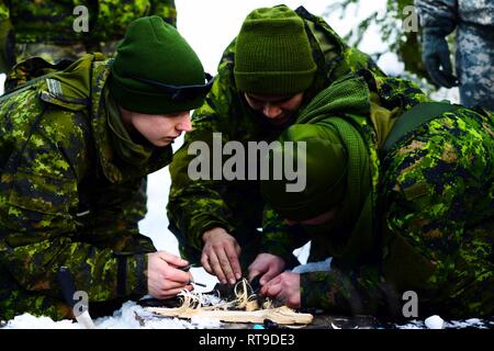 Kanadische Armee Reservisten mit dem Royal Westminster Regiment, 39th kanadischen Brigade Group, Praxis brand Techniken während einer Klasse in der 4. kanadischen Rangers Patrol Gruppe während Westie Lawine Übung, 26. Januar 2019 unterrichtet, an E.C. Manning Park, British Columbia, Kanada. Fast 40 Oklahoma Army National Guard Soldaten reiste nach British Columbia und arbeiteten Schulter an Schulter mit den Royal Westminster Regiment, 39th kanadischen Brigade Group, basic Winter überleben zu lernen. Stockfoto