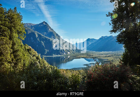 Chile Chaiten, Parque Pumalin, Blick durch die Bäume auf den Fjord Stockfoto