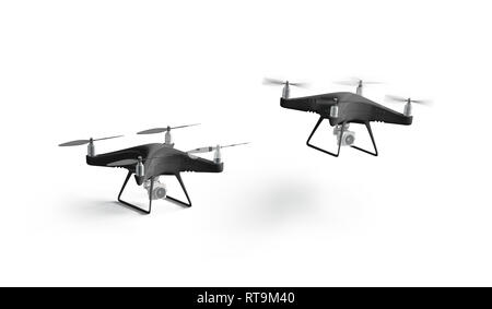 Leeren schwarzen Standfuß und fliegenden Quadrocopter Mockup, isoliert, 3D-Rendering. Leere digitale Quadrocopter mock up. Klar aero Videografie für die Überwachung. Unbemannte quad copter Vorlage. Stockfoto