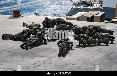 PEMBA, Mosambik (Jan. 31, 2019) militärische Mitglieder aus dem tansanischen Volk Defence Force do pushups, eine Weise der Erhöhung Ihrer Herzfrequenz, um die körperlichen Belastungen simulieren eines Schiffes einsteigen, während eines Besuchs, Board, Durchsuchung und Beschlagnahme bohren während der Teilnahme an Übung Cutlass Express 2019 in Pemba, Mosambik, 31.01.2019. Cutlass Express wurde entwickelt, um die regionale Zusammenarbeit, den maritimen Bereich Sensibilisierung und den Austausch von Informationen zu Funktionen zwischen den USA zu erhöhen, Ost afrikanischen und westlichen Indischen Ozean Nationen zur Bekämpfung des illegalen maritime Aktivitäten. Stockfoto