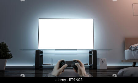Spielen Videospiel mit Joystick in der Nähe der leeren weißen Bildschirm Mockup, 3D-Rendering. Leere televisor und Game Controller mock up. Mann im Zimmer mit joypad Vorlage. Stockfoto