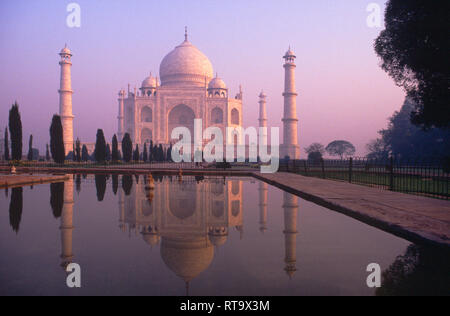 Verlassene Gärten, früh, Morgen, Frühling, Teiche, Pools, Reflexion, Taj Mahal, bei Sonnenaufgang auf der Yamuna, Jamuna, Fluss Agra, Indien, Stockfoto