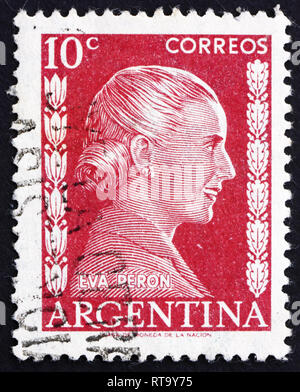 Argentinien - ca. 1952: einen Stempel in die Argentinien gedruckt zeigt Maria Eva Duarte de Perón, First Lady von Argentinien, ca. 1952 Stockfoto